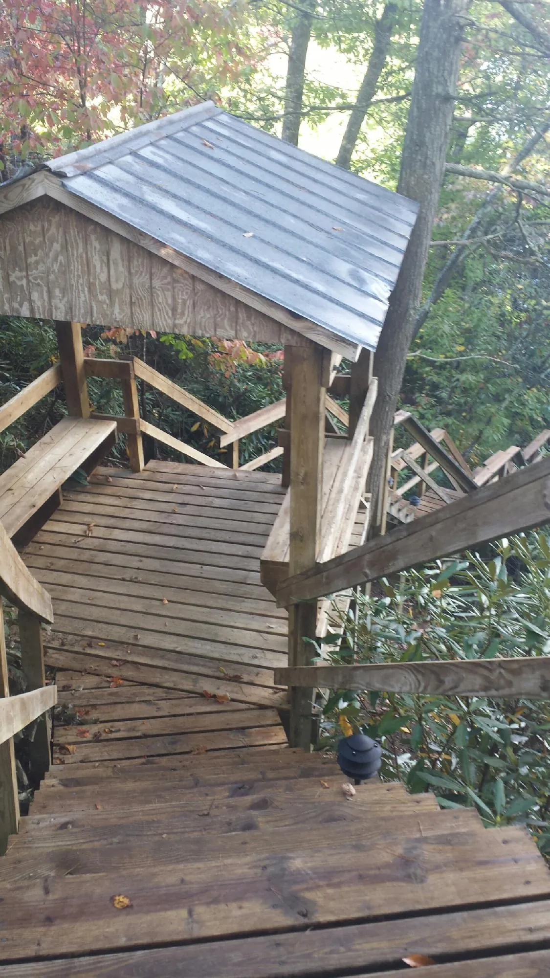 Metal roofed shelter over wooden steps on a wooded walkway — Skylight Repair & Installation work by our crew in New Cambria